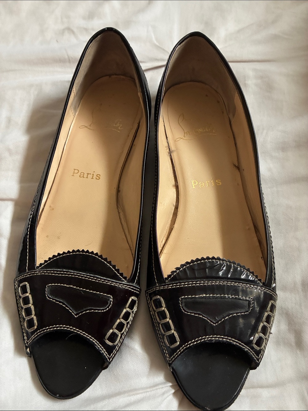 Christian Louboutin Black Peep-Toe Loafers with Contrast Stitching